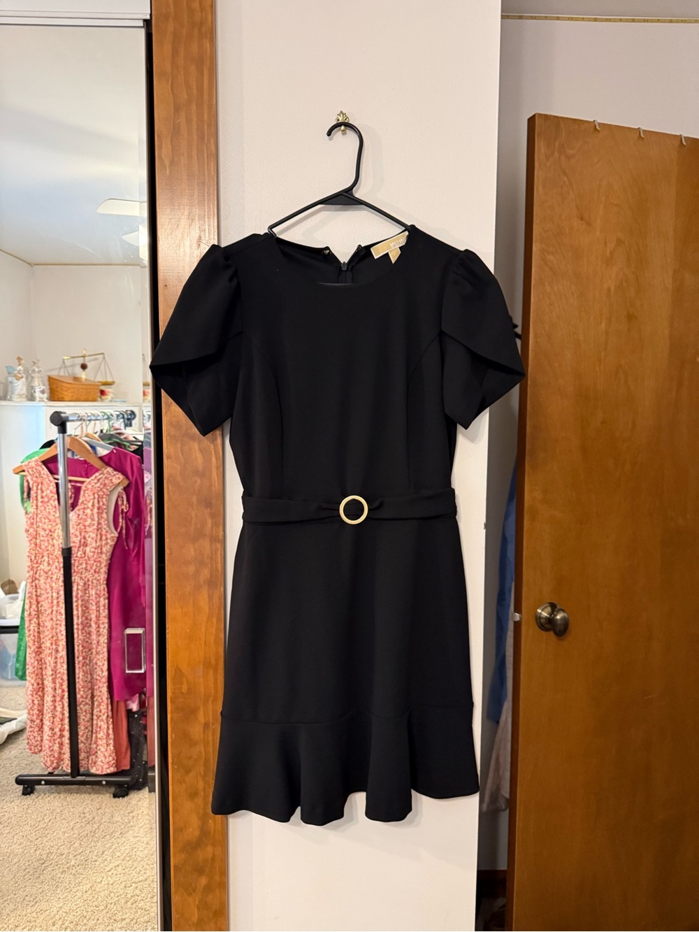 Michael Kors Black Puff-Sleeve Belted Ruffle-Hem Dress